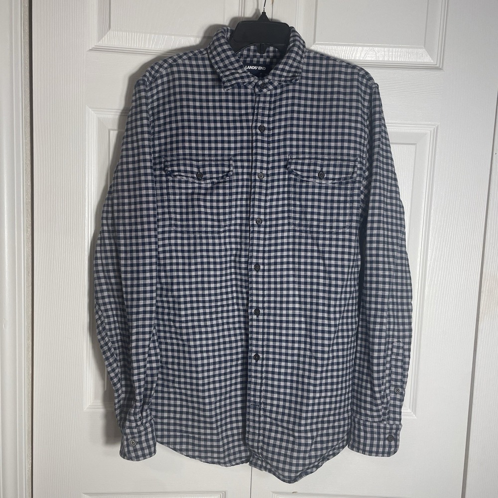 Lands‎ End Cotton Shirt Men M Blue White Gingham Heavy Long Sleeve Button Up